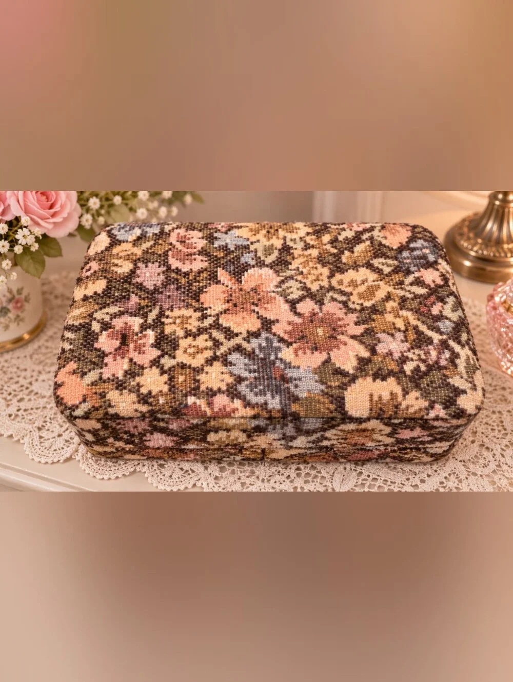 Vintage Crowning Touch Floral Tapestry Jewelry Trinket Box Cottagecore